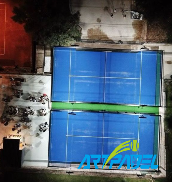 super panoramic padel court; 
blue turf, blue grass;
400W WPT professional LED light